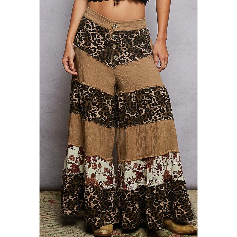 Pol Double Gauze Animal Print Patch work Wide Leg Pants - Picture 3 of 5
